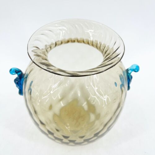 Antique Hand Blown Amber Glass Diamond Quilted Vase Applied Blue FACE Handles 6" - Picture 4 of 11
