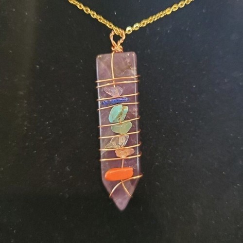 Large Purple Amethyst Wire Wrapped Chakra Pendant Necklace - Picture 3 of 6