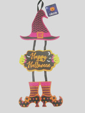 Halloween Dangling Witch "Happy Halloween" Glittery Wall Sign 7" x 16" New