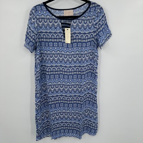 Skies Are Blue Shift Dress Women's Medium Blue Geo Print Short Sleeve V Neck