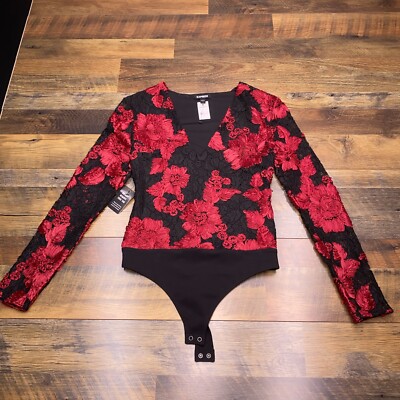 Express Bodysuit Small Black Floral Embroidered Sheer Gauze TankTop New