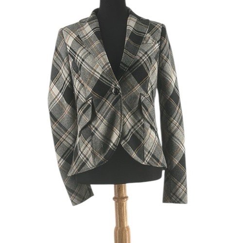 ABS by Allen Schwartz Plaid blazer elbow patches Notch Lapel Single Buttons sz 2