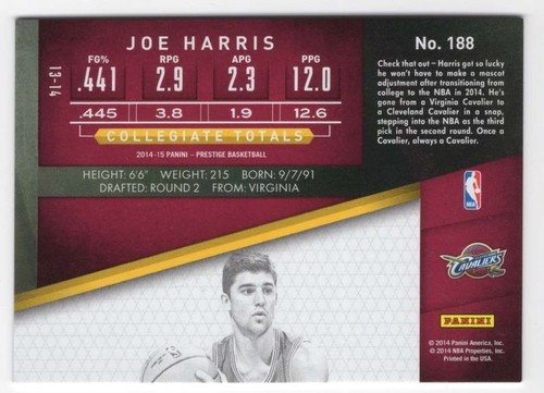 2014-15 Panini Prestige Premium Joe Harris #188 RC Cleveland Cavaliers - Bild 2 von 2