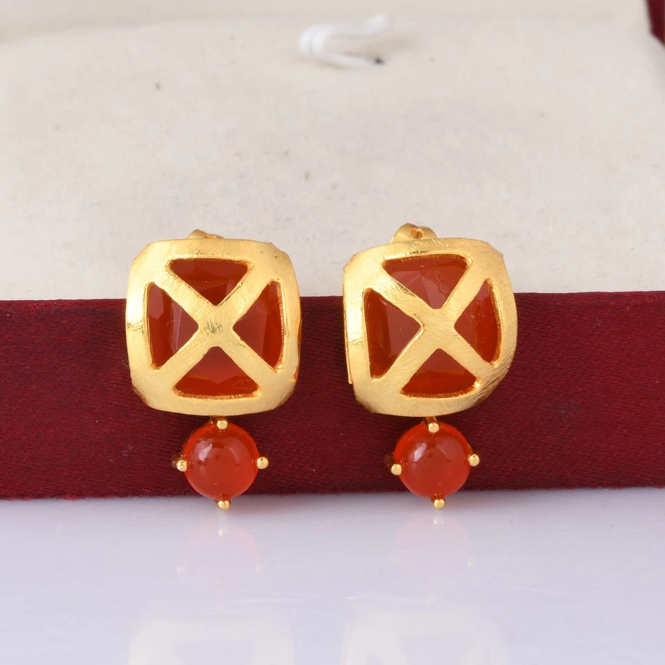 Carnelian Set Turkish Style Designer Stud Gold Earrings Jewelry For Women Gifts - Image 2 of 4
