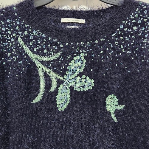Zara Fancy Collection Girls 13-14 Navy Fluffy Floral Sequin Sweater - Picture 3 of 7