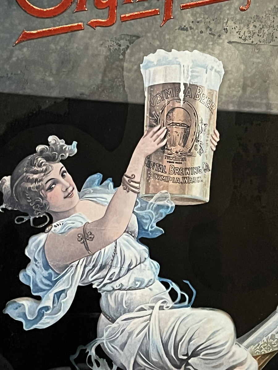 Vintage! Olympia Girl Beer Advertising Bar Acid Etched