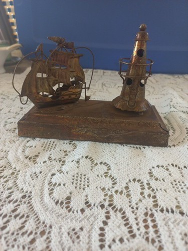 Vintage Beyond The Sea Copper And Tin Music Box, Ship And Rotating Lighthouse - Picture 10 of 10