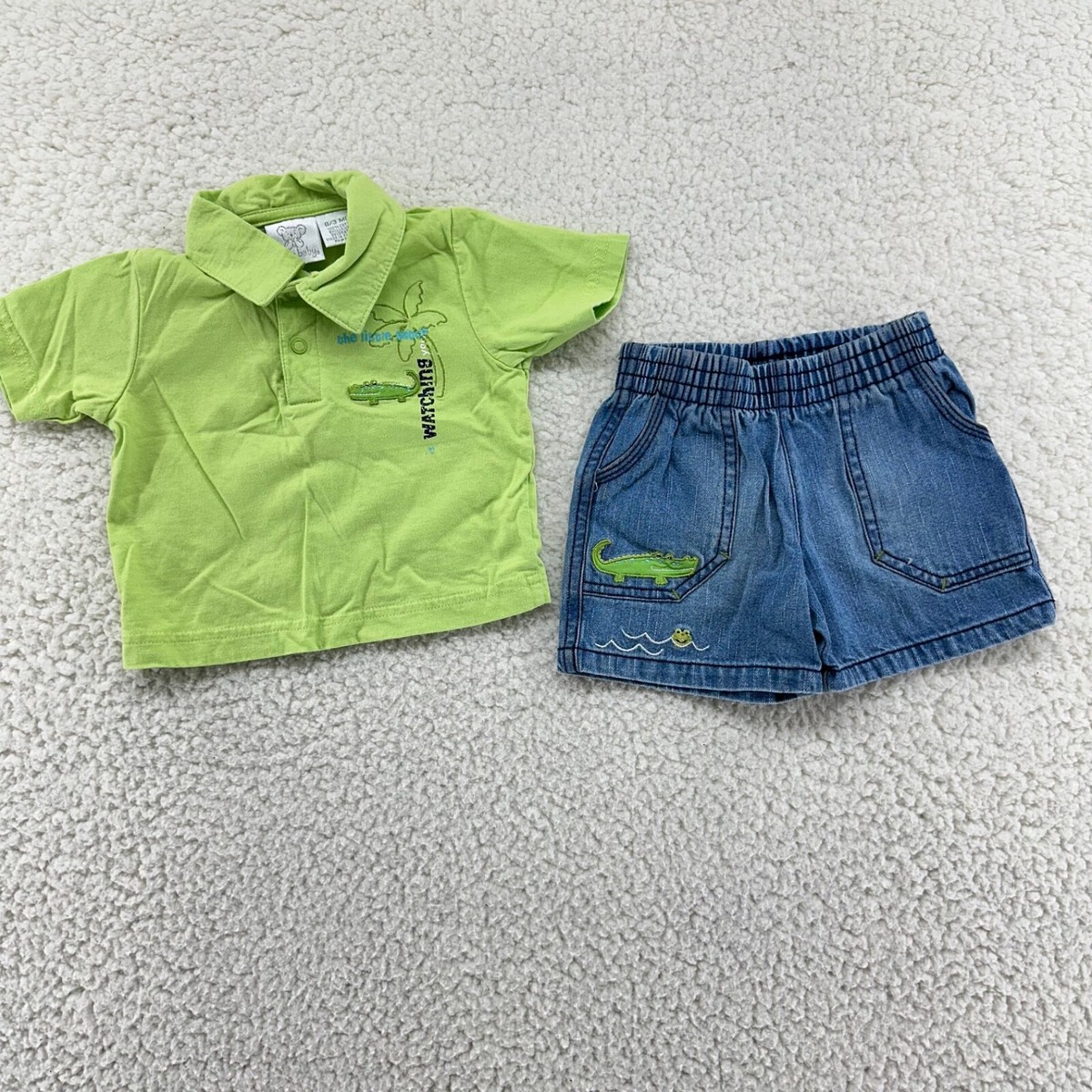 Koala Baby Boys 0/3 Mth Green Polo Shirt Elastic Waist Denim Blue