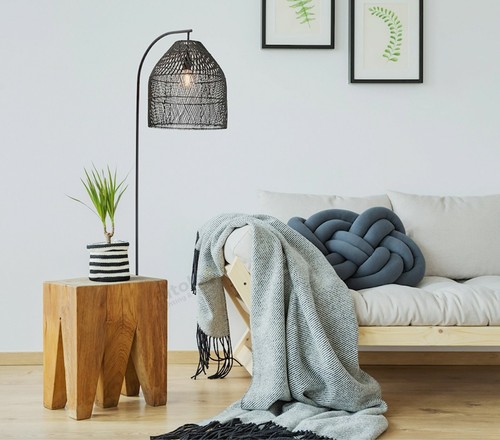 BLACK BOHO HAND WOVEN RATTAN FLOOR LAMP 