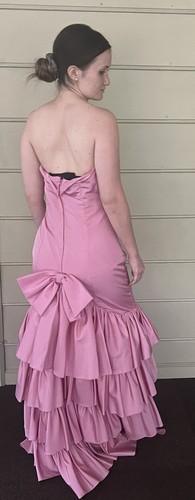 Vintage 80s Pink Strapless Taffeta Tiered Dress Bow In Back Size Small - Picture 3 of 7