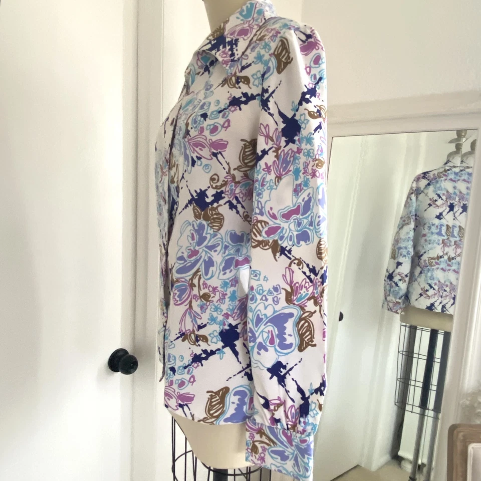 Camisa Vintage Años 70 Disco Flor Poliéster Cuello Mariposa Grande Mod M Foto 4 de 4