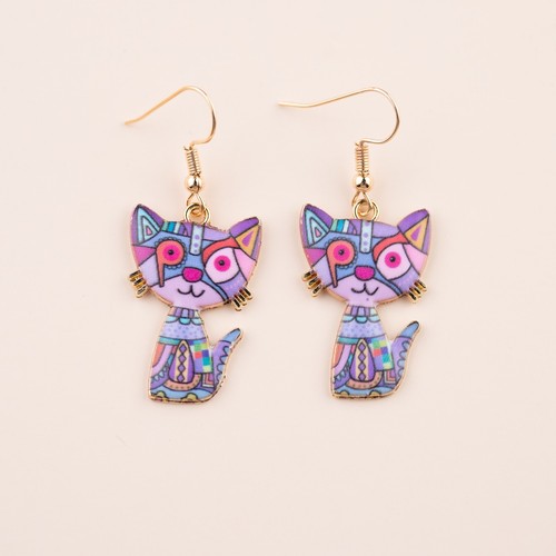 Cute Colourful Artistic Cat Quirky Art Fun Hook Dangle Earrings Novelty Gift - Picture 2 of 8