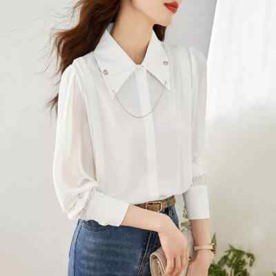 Justay Comf Camicia Da Donna Con Scollo A V Camicetta Elegante A Maniche Lunghe Blusa Casual Tunica Top In Chiffon Bianca - Foto 6