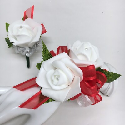 Double White Rose on Red Wrist Corsage & Boutonniere Combo