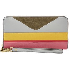 NEW FOSSIL EMMA CORRAL PINK+YELLOW+GRAY STRIPE LEATHER,ZIP AROUND,CLUTCH WALLET