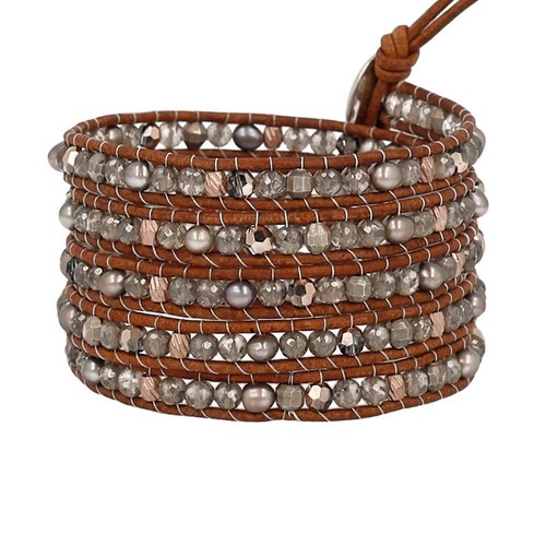 Neu authentisch Chan Luu Taupe Mix fünf Wickelarmband auf natürlichem braunem Leder