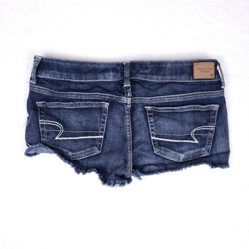 American Eagle Frayed Cutoff Denim Shorts Womens 8 Blue Tribal Aztec Boho Y2K - Picture 9 of 10