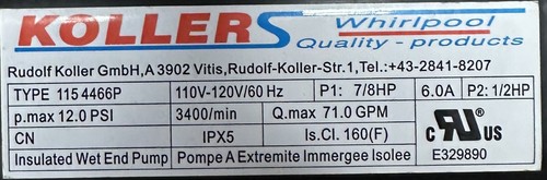 Kollers Whirlpool Pump 115 4466P - Picture 3 of 3