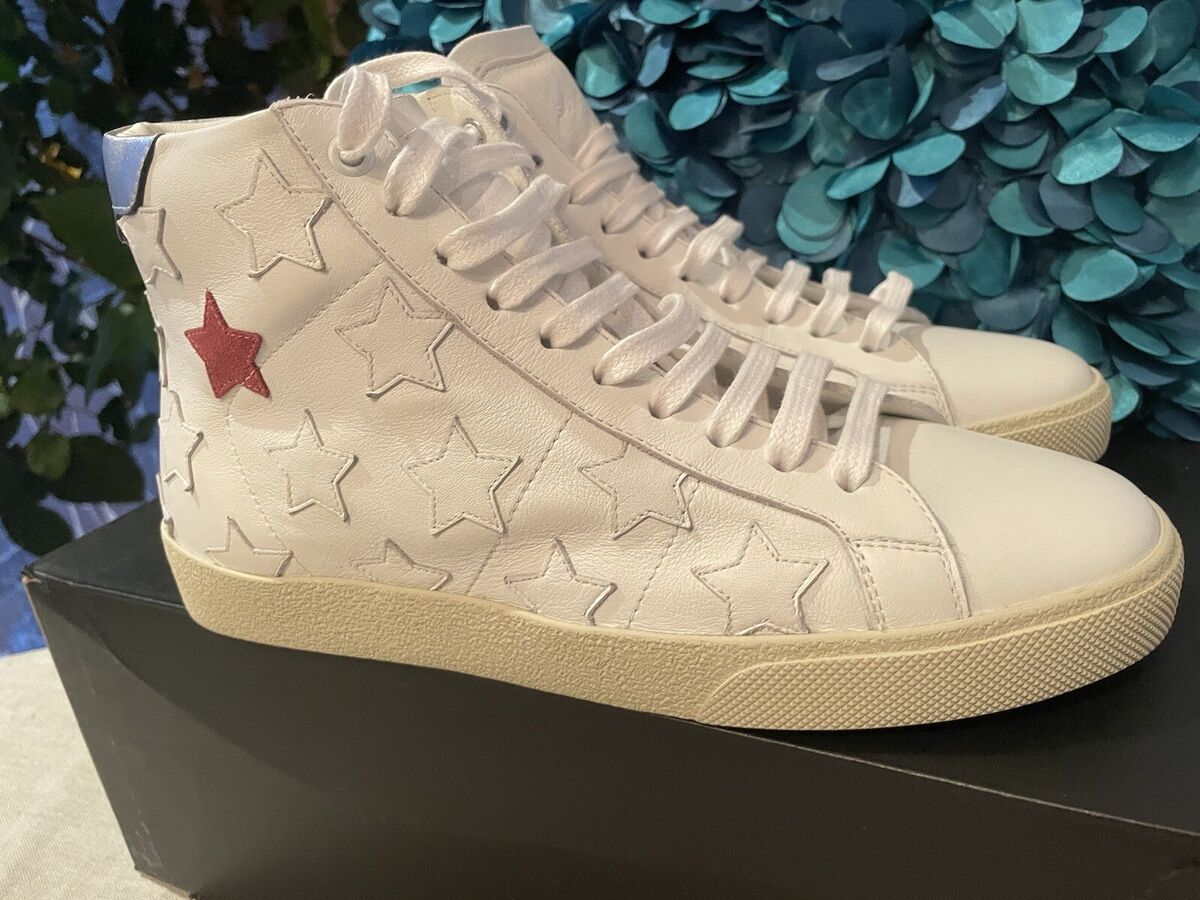 YSL Saint Laurent SL/06 Mid Top Sneakers White Leather Stars YSL Saint Laurent SL/06 Mid Top Sneakers White Leather Stars