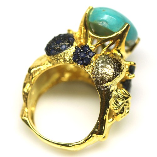 925 Silver 12 x 17 mm. Blue Turquoise & Sapphire Two Tone Jewelry Ring Size 7 - Picture 3 of 4