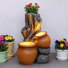Solar & Mains Power LED Lit Tree Trunk Planter Water Feature Outdoor Fountain