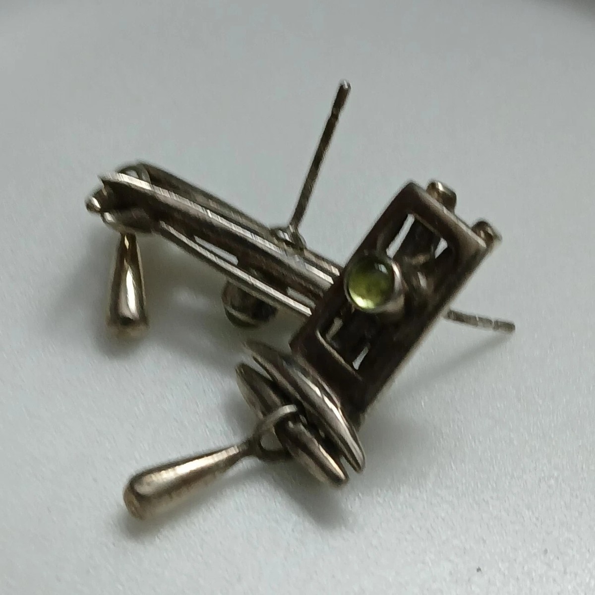 Artisan Silver Post Earrings with Green Stone Handcrafted   View 2