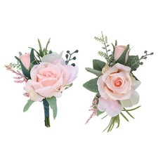 Pink Corsage and Boutonniere Set, Artificial Rose Wrist Corsage and Boutonnie...