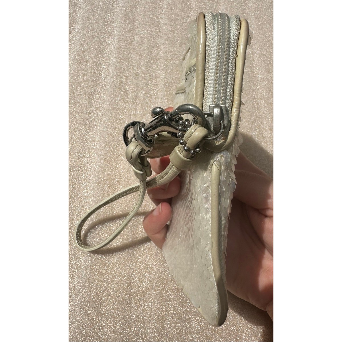 Coach Poppy Vintage Cream Iridescent Sequin Wristlet Mini Wallet 