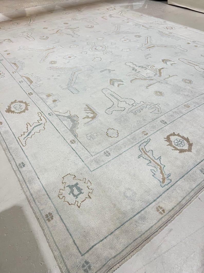 Hand Knotted Turkish Oushak Rug Gray Gold Ivory Abstract Motif Area Carpet