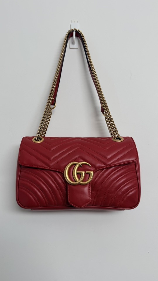 Gucci GG Marmont Small Red Leather Gold Chain Bag 26x16