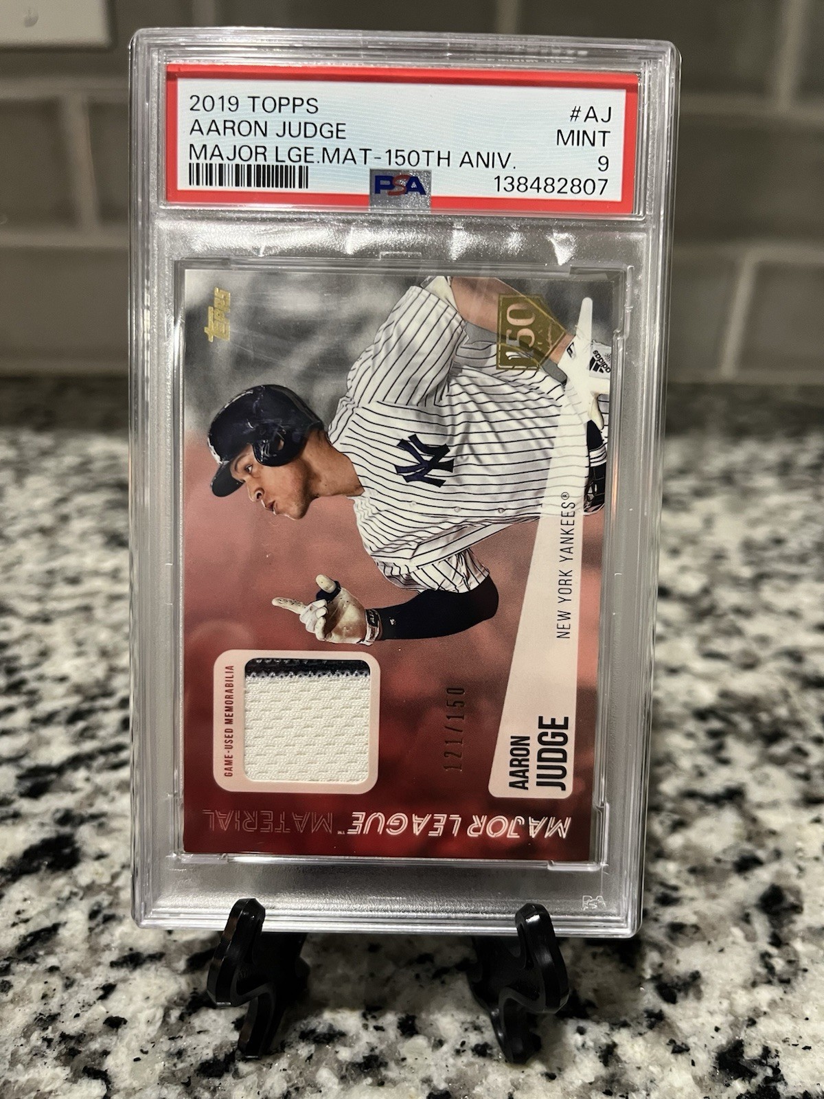 2019 Topps Aaron Judge Game Worn Material 150th Anniversary #/150 PSA 9 POP 1 view 3