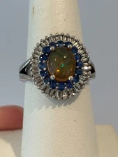 QVC Paul Deasy Ethiopian Opal (6x9) Blue and White Sapphire Halo Ring-925-size 7