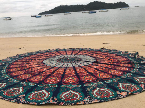Round Beach Tapestry Blue Orange Mandala Throw/Boho Hippie Beach Blanket Roun... - Bild 1 von 7