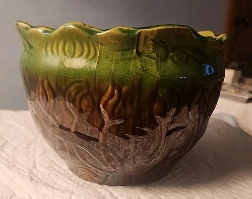 Antique Weller Pottery Green & Brown Tulip Designed Planter Jardiniere No Damage
