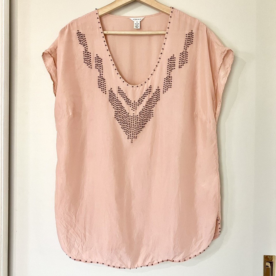 Verge 100% Silk Cap Sleeve Tunic Blouse Sz 12 Pastel Pink Beads Shirt Top As New