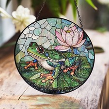 Frog And Lotus Flower Stained Glass Window Hanging,Perfect Gift for Nature Lover