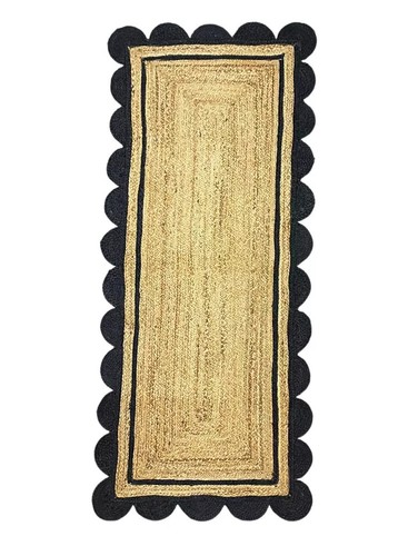 Alfombra festoneada de yute puro natural trenzada hecha a mano con diseño negro - Imagen 3 de 5