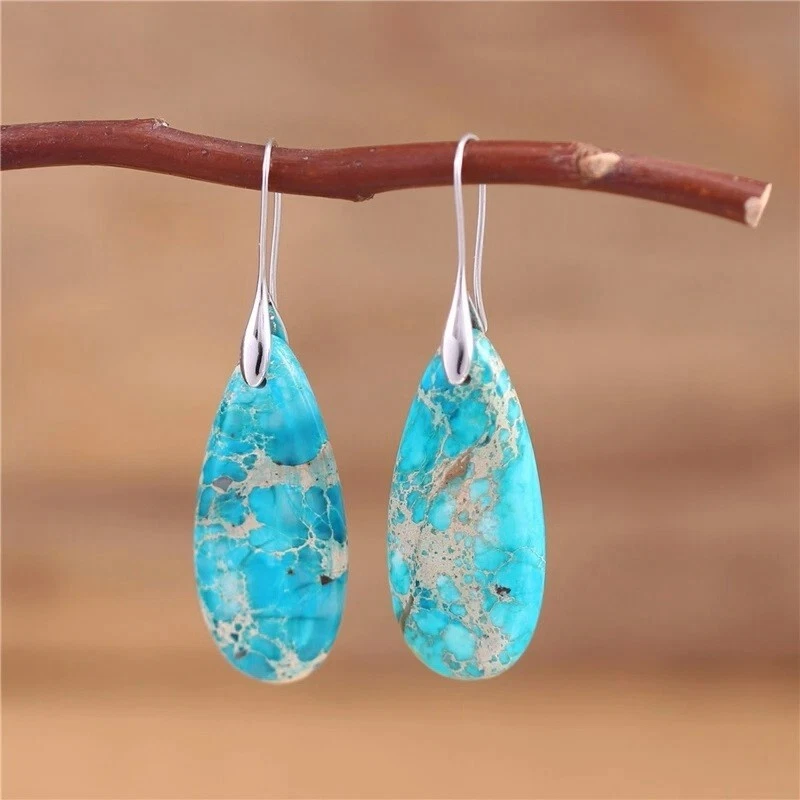 Natural Blue Stone Teardrop Dangle Earrings Blue Gemstone Drop Earrings Boho - Image 2 of 3