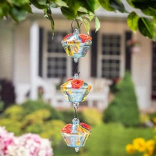 Art Glass Hanging Chained Hummingbird Feeder, Blue & Yellow -4"W x 4"L x 4.5"H
