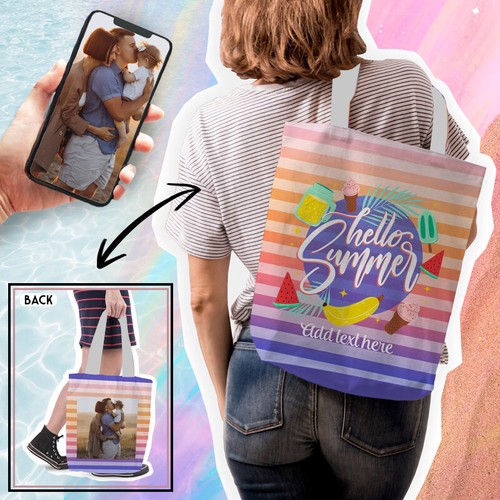 Personalizzato Hello Estate Arcobaleno Striscia Borsetta Shopper Spiaggia Nuoto - Foto 3 di 3