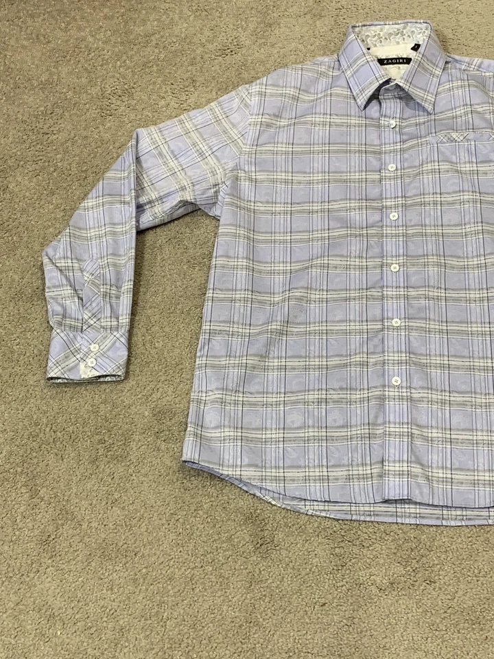 Camisa Zagiri Azul Cuadros Hombre Grande 100% Algodón Texturi Texturi Paisley Puño Abatible Foto 4 de 4