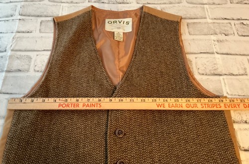Orvis Vest Men Medium Brown Wool Hunting Herringbone Leather Trim - Picture 3 of 5