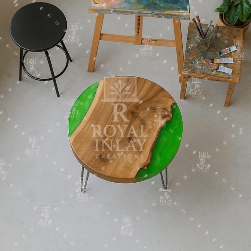 Green Epoxy River Table – Round Live Edge Wood Table for Art Studio or Lounge - Picture 4 of 13