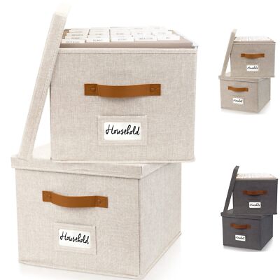 ZICOTO Decorative File Organizer Box Set of 2 - Collapsible Linen Filing Cabi...