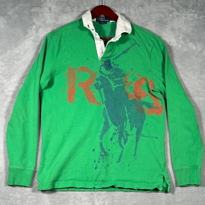 Vintage Ralph Lauren Polo Shirt Medium Green Rugby Big Pony Custom Fit  *FLAWS