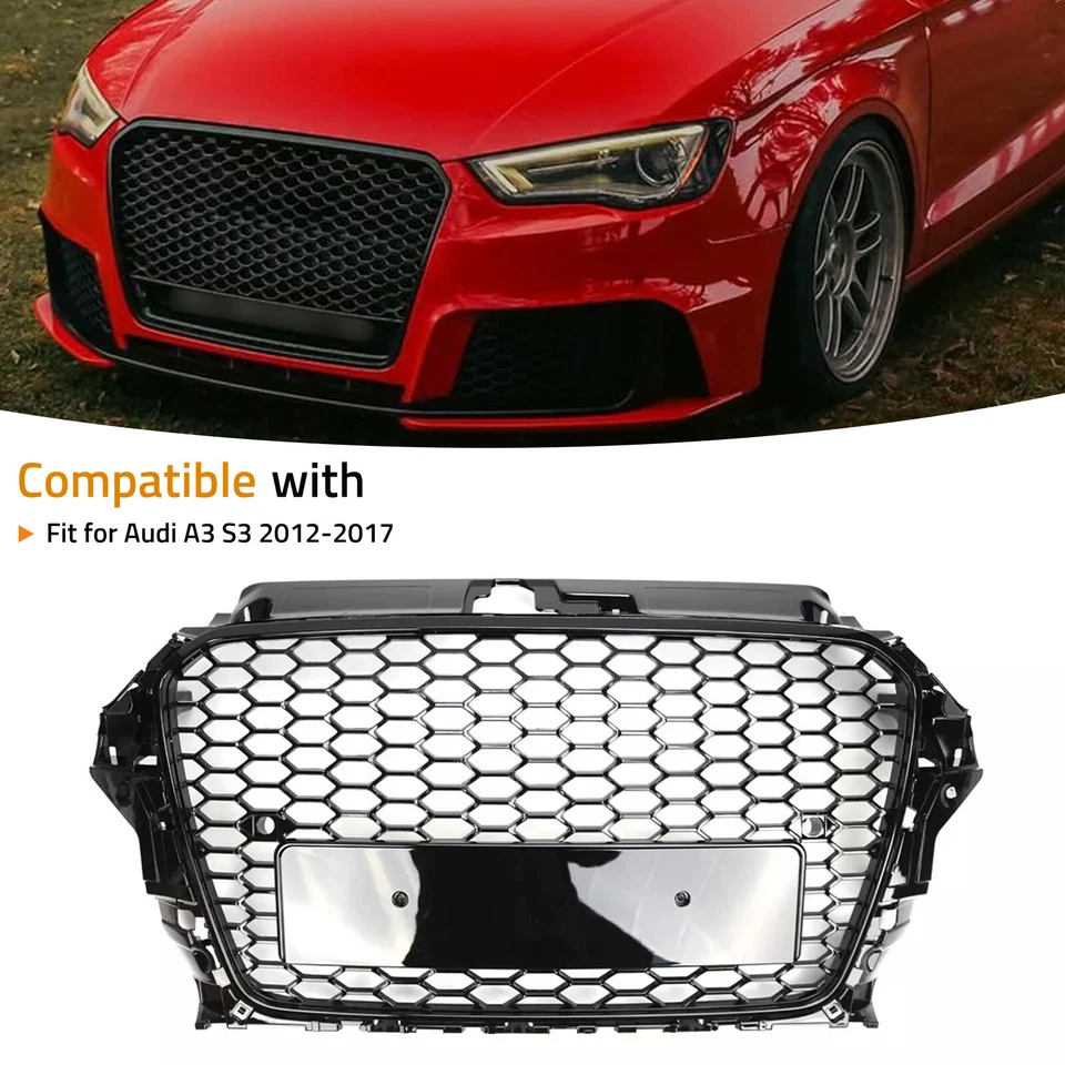Parrilla delantera deportiva estilo Honycomb RS3 para Audi A3 S3 2013-2016 negro brillante Foto 2 de 4