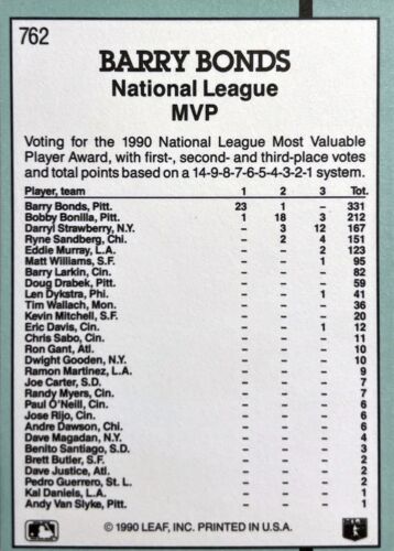 1991 Donruss Award Winner Barry Bonds Pittsburgh Pirates #762 NMMT - Photo 2 sur 2