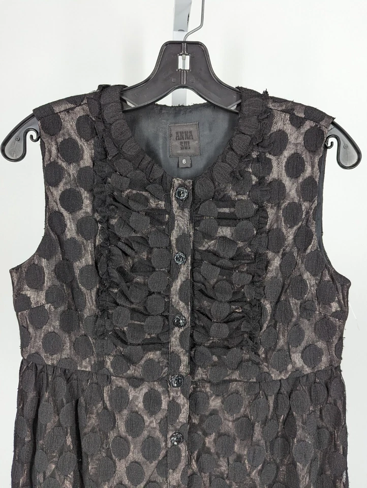 Vestido Anna Sui Malla Metálica Volantes Negro Lunares Talla 6 Hecho en EE. UU. Foto 3 de 4