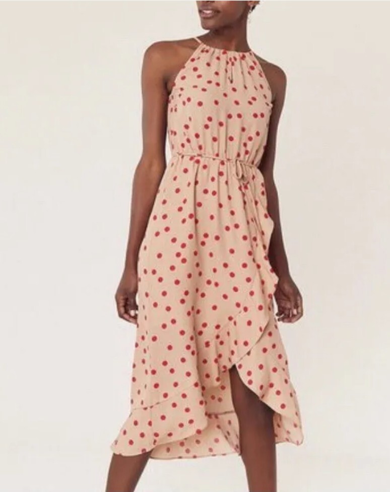 Oasis UK Polka Dot Hi-Low Midi Dress Beige Polka Dot Stretch