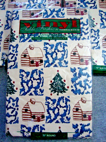 3 Christmas Tablecloths 70" Round Cecil Saydah Vinyl Holiday Cabin Flannel Back - Picture 2 of 11